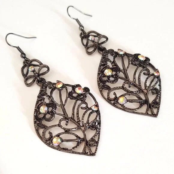 Dark metal dangle earrings with aurora borealis bead accents - Picture 9 of 10